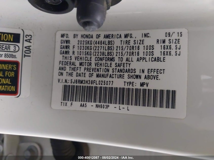 2015 Honda Cr-V Lx VIN: 5J6RM3H38FL025077 Lot: 40012087