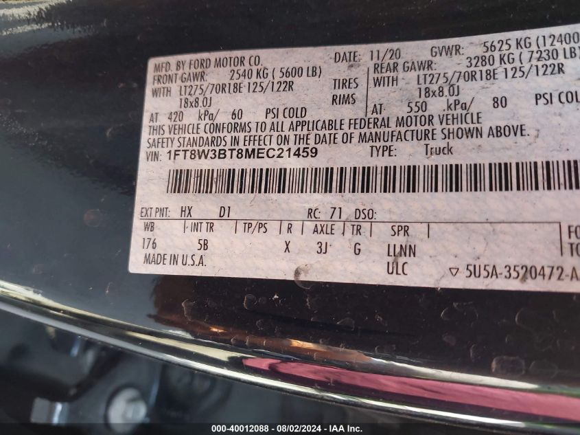 2021 Ford F-350 Lariat VIN: 1FT8W3BT8MEC21459 Lot: 40012088