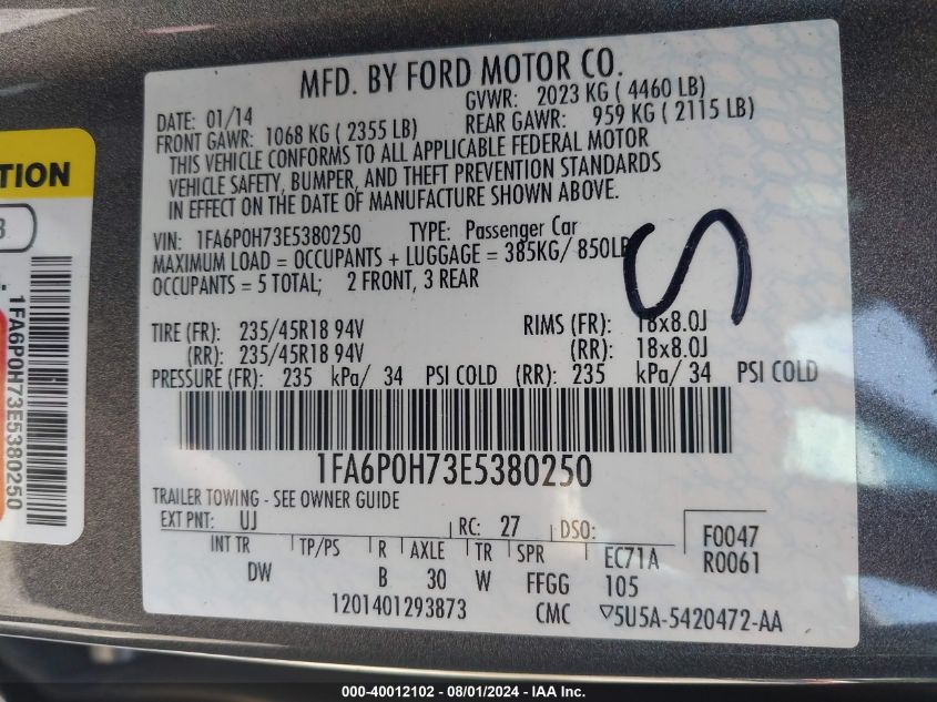 2014 Ford Fusion Se VIN: 1FA6P0H73E5380250 Lot: 40012102