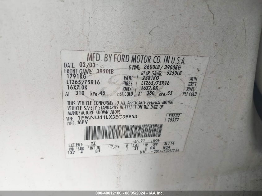 2003 Ford Excursion Eddie Bauer VIN: 1FMNU44LX3EC39953 Lot: 40012106