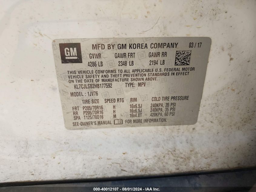 2017 Chevrolet Trax Lt VIN: KL7CJLSB2HB177592 Lot: 40012107