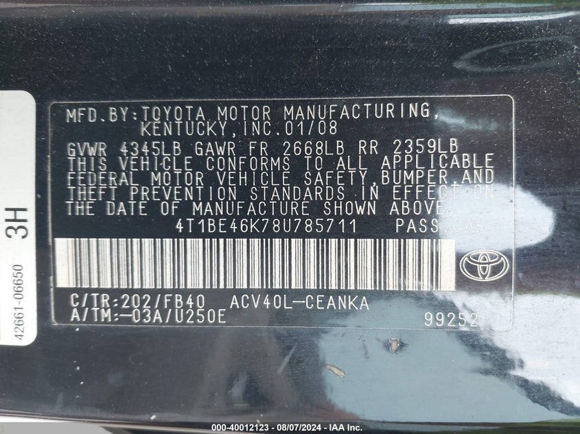 2008 Toyota Camry Le VIN: 4T1BE46K78U785711 Lot: 40012123