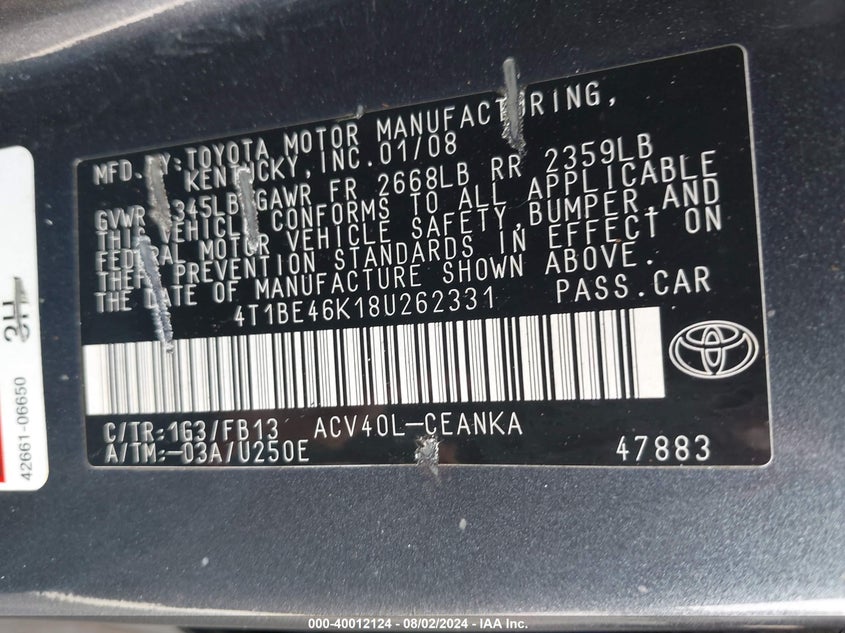 2008 Toyota Camry Le VIN: 4T1BE46K18U262331 Lot: 40012124