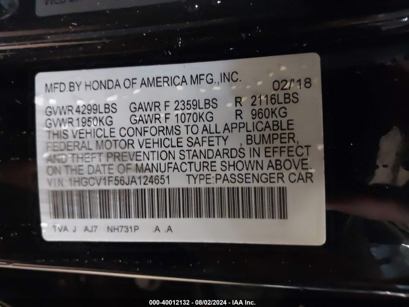 VIN 1HGCV1F56JA124651 2018 Honda Accord, Ex-L no.9