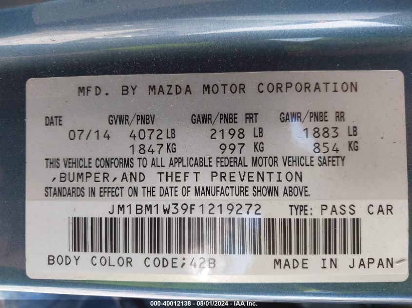 2015 Mazda Mazda3 Grand Touring VIN: JM1BM1W39F1219272 Lot: 40012138