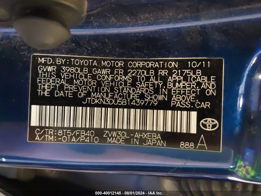 2011 Toyota Prius Two VIN: JTDKN3DU5B1439779 Lot: 40012145