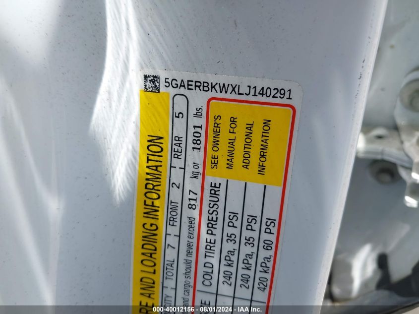 2020 Buick Enclave Fwd Essence VIN: 5GAERBKWXLJ140291 Lot: 40012156