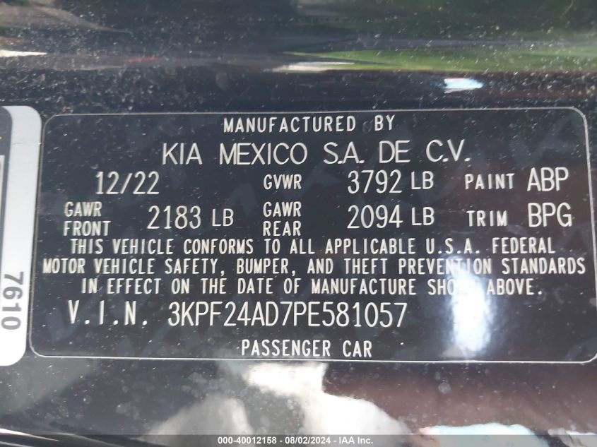 2023 Kia Forte Lxs VIN: 3KPF24AD7PE581057 Lot: 40012158