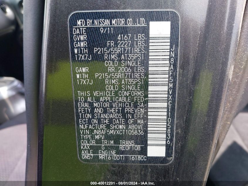 2012 Nissan Juke Sv VIN: JN8AF5MVXCT105836 Lot: 40012201