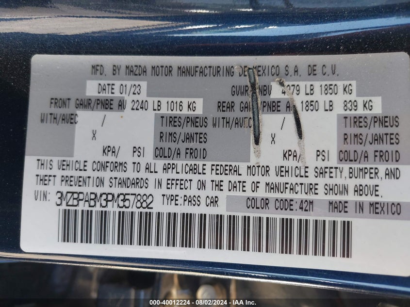 2023 Mazda Mazda3 2.5 S Select VIN: 3MZBPABM3PM357882 Lot: 40012224