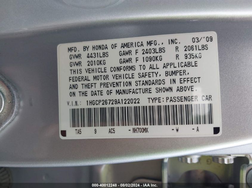 1HGCP26729A122022 2009 Honda Accord 2.4 Ex