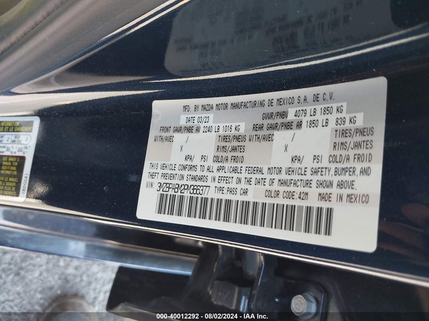 2023 Mazda Mazda3 2.5 S Select VIN: 3MZBPABM2PM366377 Lot: 40012292