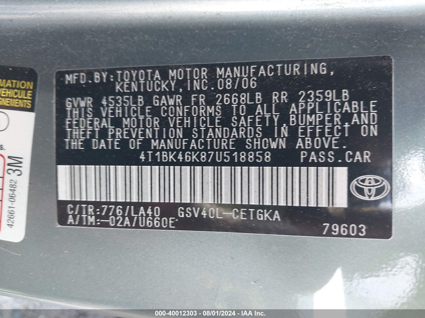 2007 Toyota Camry Le/Xle/Se VIN: 4T1BK46K87U518858 Lot: 40012303