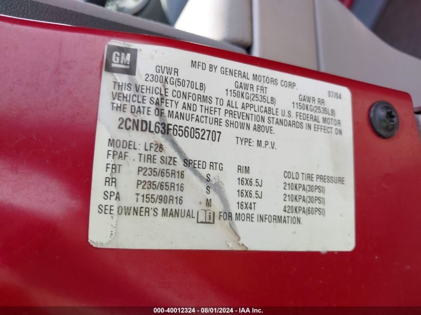 2005 Chevrolet Equinox Lt VIN: 2CNDL63F656052707 Lot: 40012324