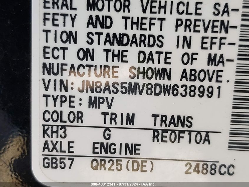 2013 Nissan Rogue S VIN: JN8AS5MV8DW638991 Lot: 40012341