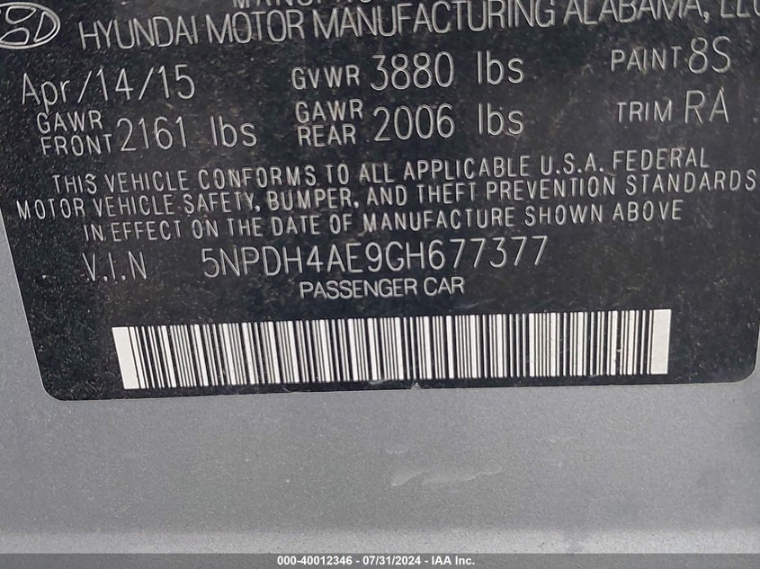 2016 HYUNDAI ELANTRA VIN: 5NPDH4AE9GH677377