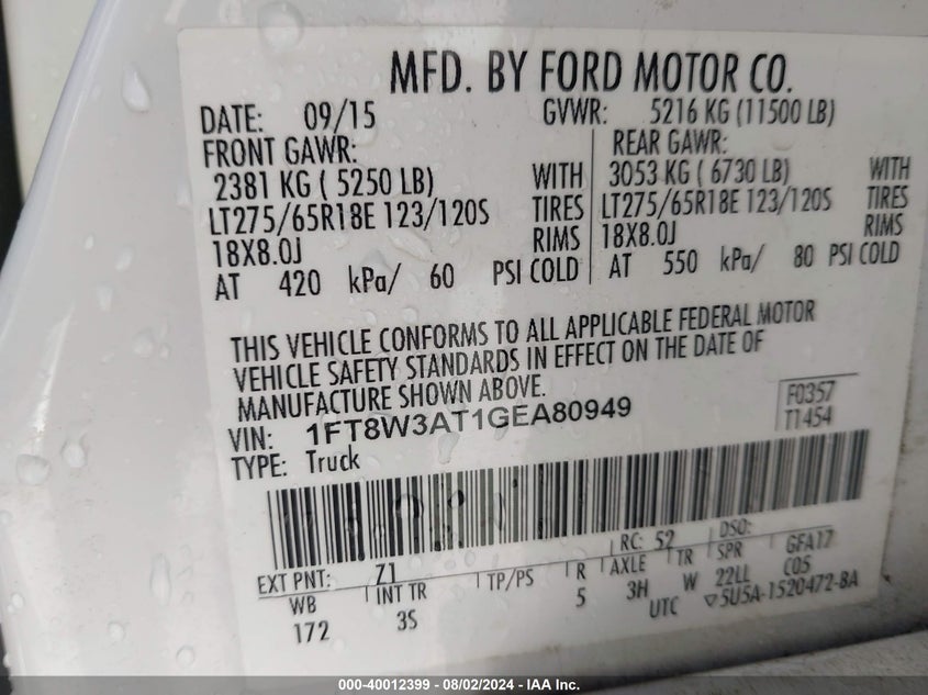 2016 FORD F 350 VIN: 2HGFG4A50CH100480