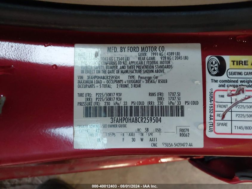 2012 Ford Fusion Se VIN: 3FAHP0HA8CR259504 Lot: 40012403