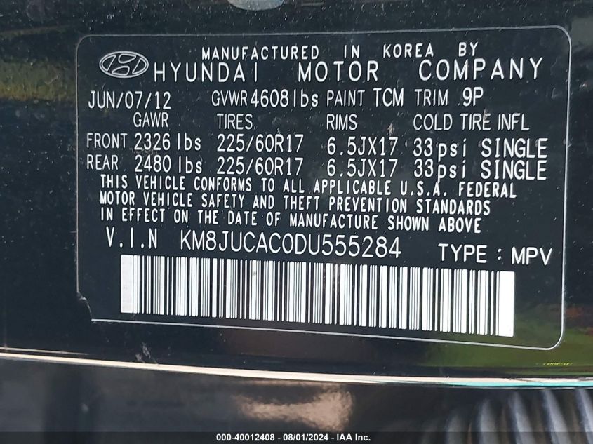 2013 Hyundai Tucson Gls VIN: KM8JUCAC0DU555284 Lot: 40012408