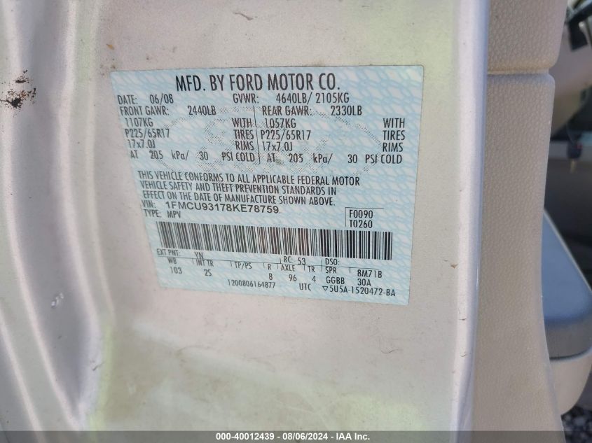 2008 Ford Escape Xlt VIN: 1FMCU93178KE78759 Lot: 40012439