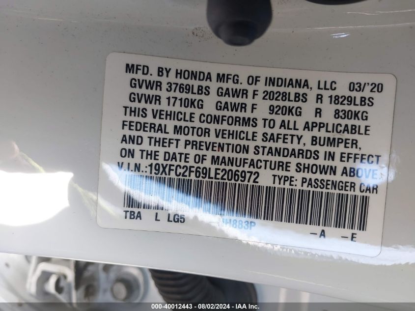 2020 Honda Civic Lx VIN: 19XFC2F69LE206972 Lot: 40012443