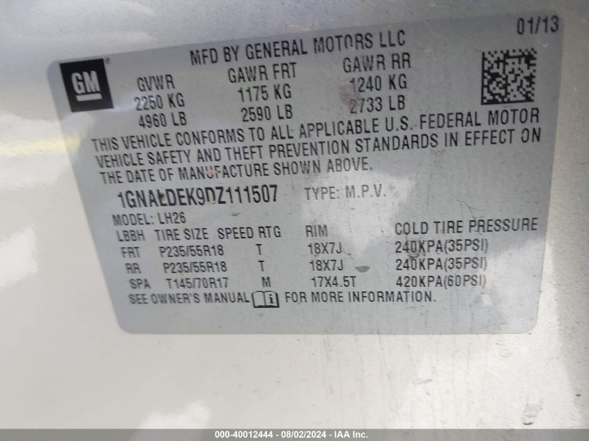 2013 Chevrolet Equinox 1Lt VIN: 1GNALDEK9DZ111507 Lot: 40012444