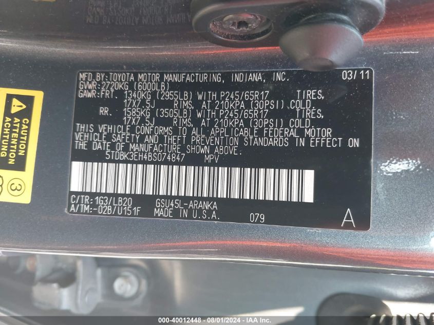 2011 Toyota Highlander Se V6 VIN: 5TDBK3EH4BS074847 Lot: 40012448