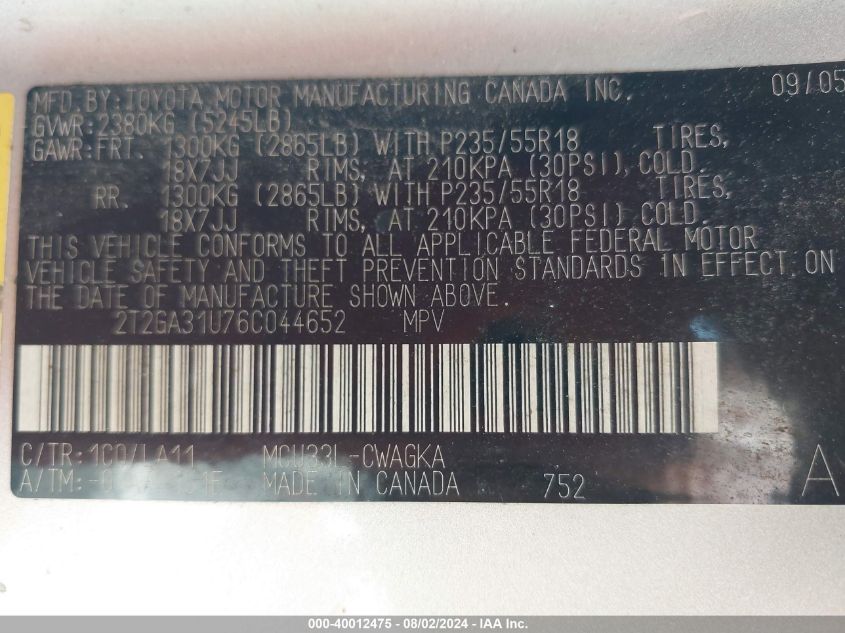 2006 Lexus Rx 330 VIN: 2T2GA31U76C044652 Lot: 40012475