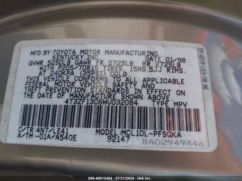 1998 Toyota Sienna Xle VIN: 4T3ZF13C6WU032084 Lot: 40012484