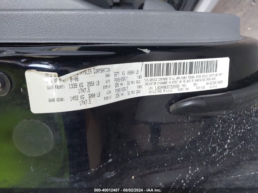 2007 Jeep Grand Cherokee Laredo VIN: 1J8GR48K87C522099 Lot: 40012487