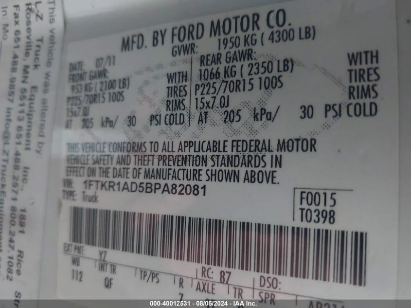 2011 Ford Ranger Xl VIN: 1FTKR1AD5BPA82081 Lot: 40012531