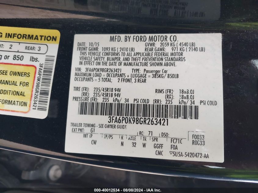 2016 FORD FUSION TITANIUM - 3FA6P0K98GR263421