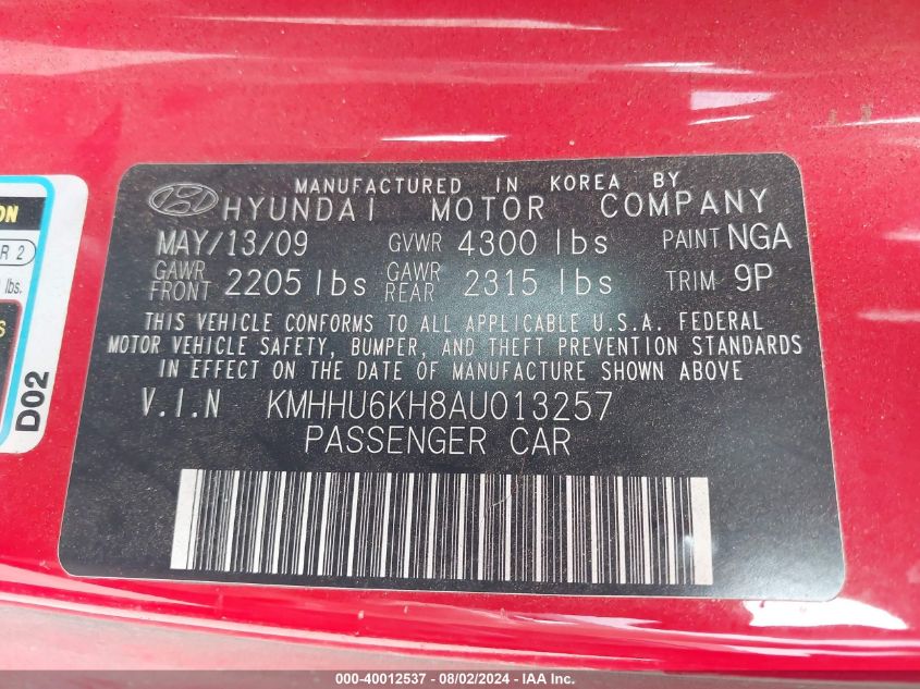 KMHHU6KH8AU013257 2010 Hyundai Genesis 3.8