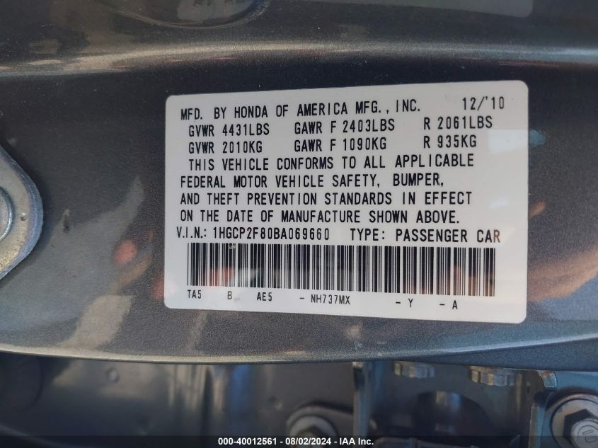 1HGCP2F80BA069660 | 2011 HONDA ACCORD