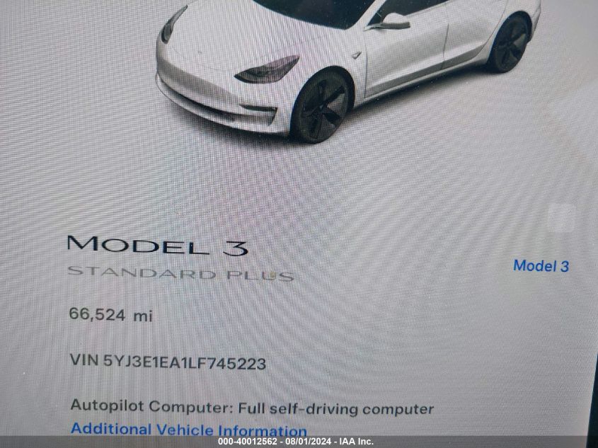 2020 Tesla Model 3 Standard Range Plus Rear-Wheel Drive/Standard Range Rear-Wheel Drive VIN: 5YJ3E1EA1LF745223 Lot: 40012562