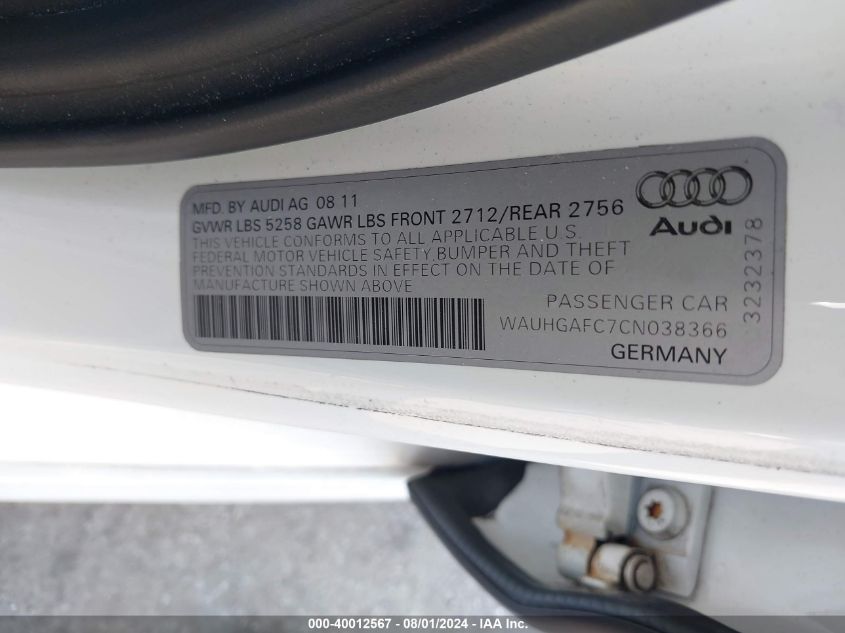 2012 Audi A6 3.0 Premium VIN: WAUHGAFC7CN038366 Lot: 40012567
