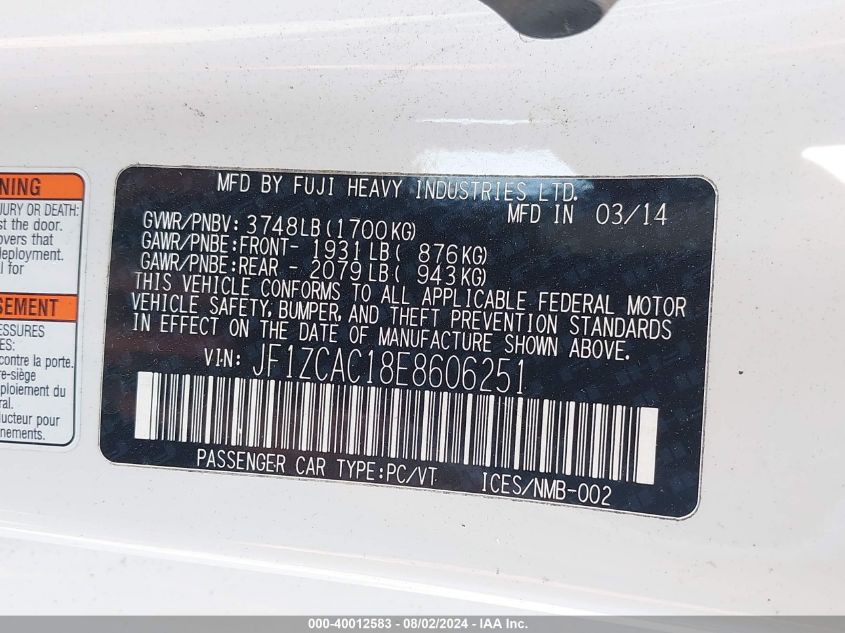 2014 Subaru Brz Limited VIN: JF1ZCAC18E8606251 Lot: 40012583