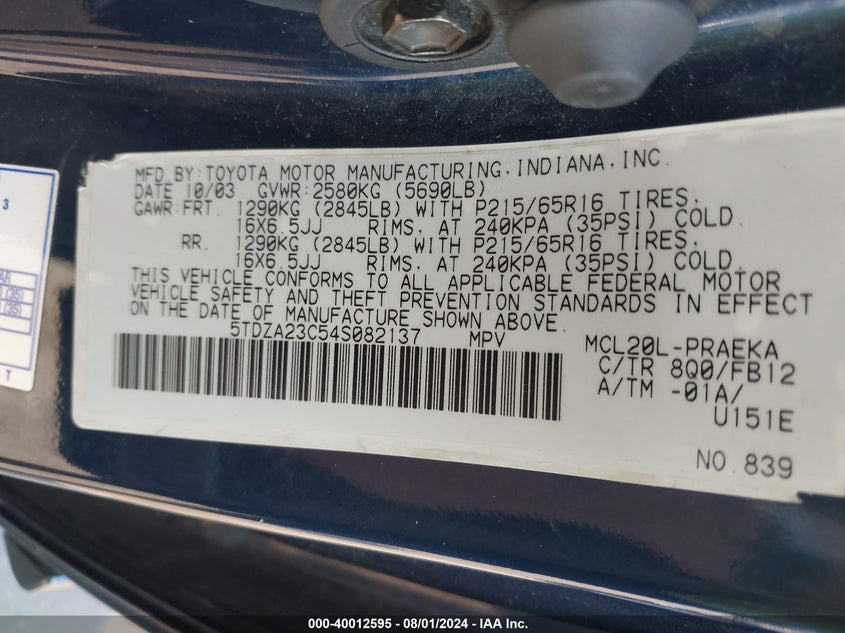 2004 Toyota Sienna Le VIN: 5TDZA23C54S082137 Lot: 40012595