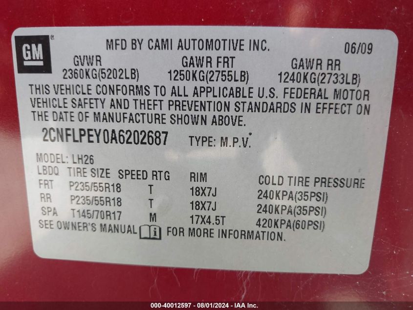 2010 Chevrolet Equinox Lt VIN: 2CNFLPEY0A6202687 Lot: 40012597