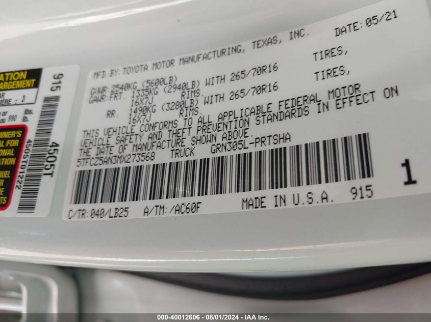 2021 Toyota Tacoma Trd Pro VIN: 5TFCZ5AN3MX273568 Lot: 40012606