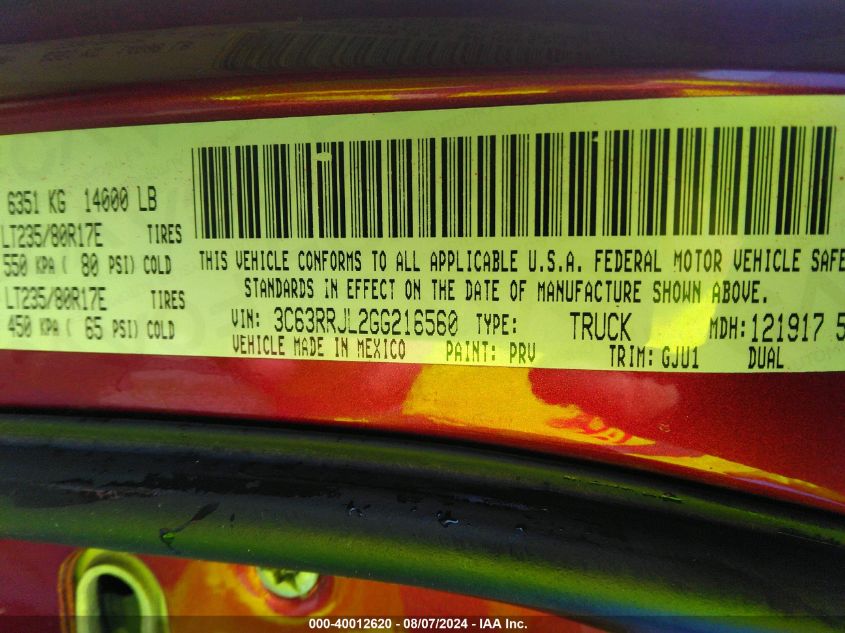 2016 Ram 3500 Laramie VIN: 3C63RRJL2GG216560 Lot: 40012620