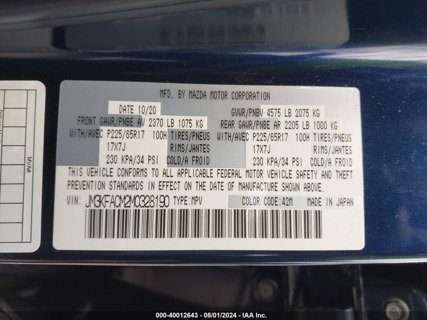 2021 MAZDA CX-5(VIN: JM3KFACM2M0328190