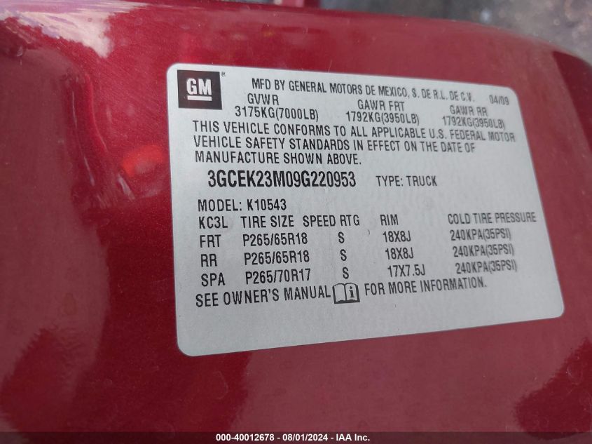 2009 Chevrolet Silverado 1500 Lt VIN: 3GCEK23M09G220953 Lot: 40012678