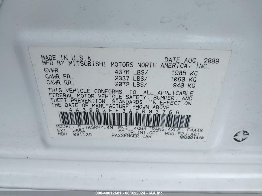 2010 Mitsubishi Galant Es/Se VIN: 4A32B3FF3AE003766 Lot: 40012681