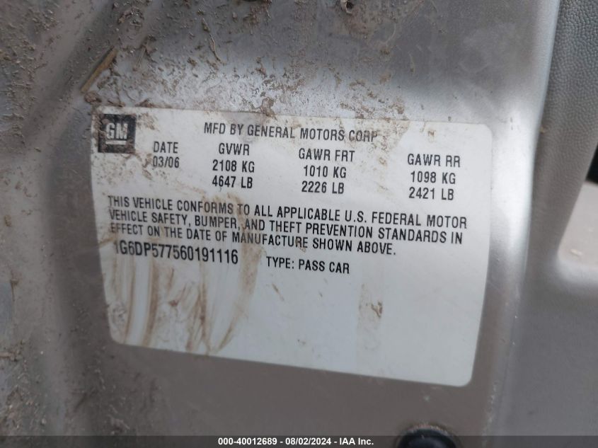 2006 Cadillac Cts Standard VIN: 1G6DP577560191116 Lot: 40012689