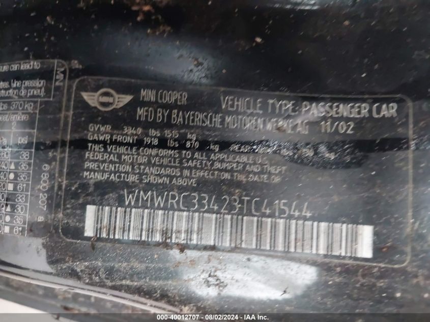 2003 Mini Cooper VIN: WMWRC33423TC41544 Lot: 40012707
