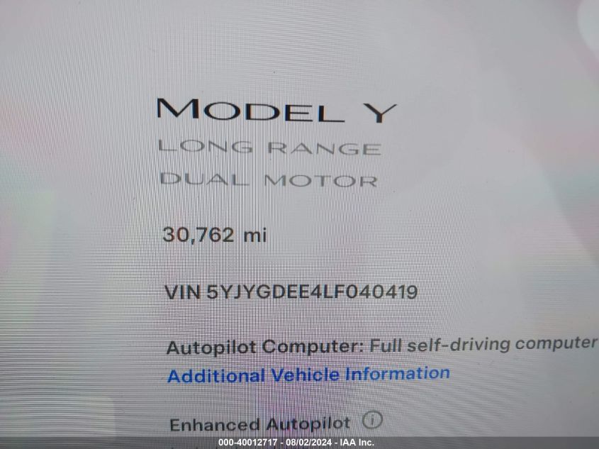 2020 Tesla Model Y Long Range Dual Motor All-Wheel Drive VIN: 5YJYGDEE4LF040419 Lot: 40012717