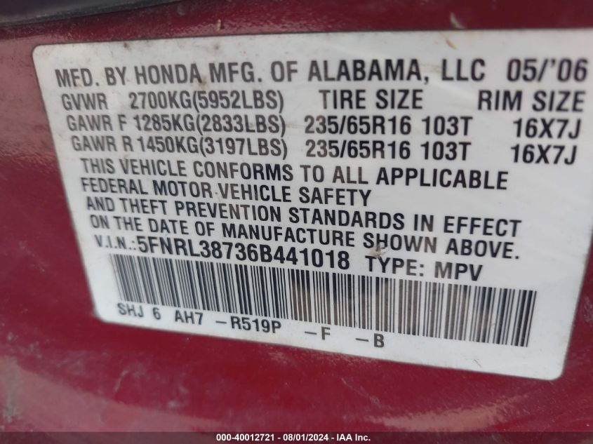 2006 Honda Odyssey Ex-L VIN: 5FNRL38736B441018 Lot: 40012721