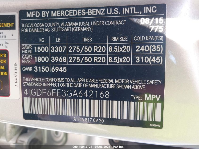 2016 Mercedes-Benz Gl 450 4Matic VIN: 4JGDF6EE3GA642168 Lot: 40012723