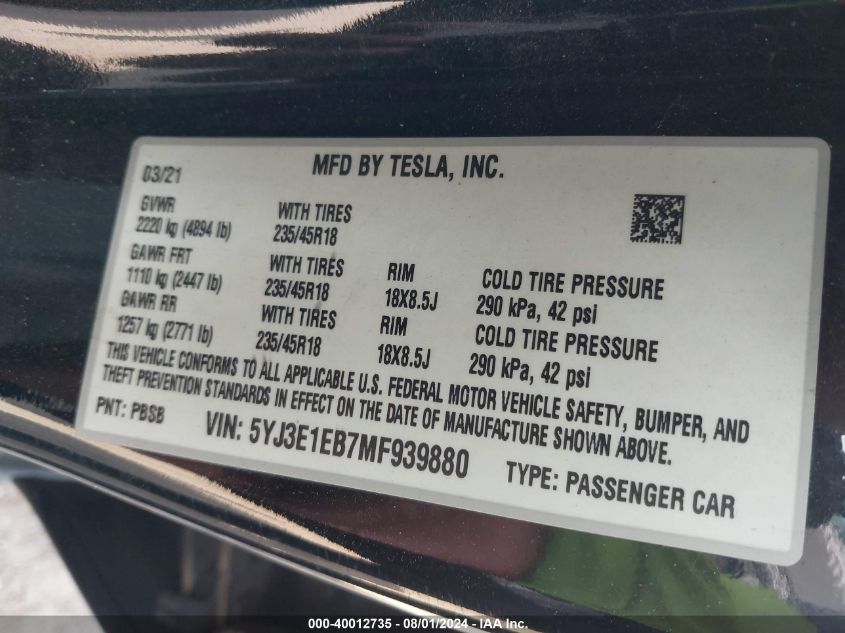 2021 Tesla Model 3 Long Range Dual Motor All-Wheel Drive VIN: 5YJ3E1EB7MF939880 Lot: 40012735